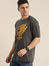 Difference of Opinion Men Charcoal & Mustard Yellow Printed Pure Cotton Loose T-shirt
