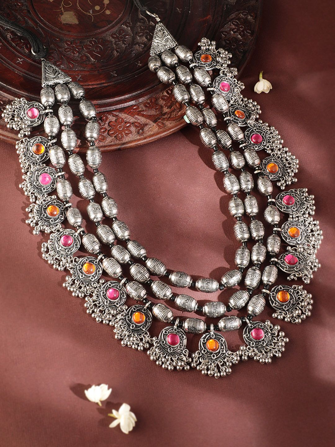 Rubans Oxidised Silver Plated Pink & Orange StoneMultilayered Handcrafted Antique Necklace