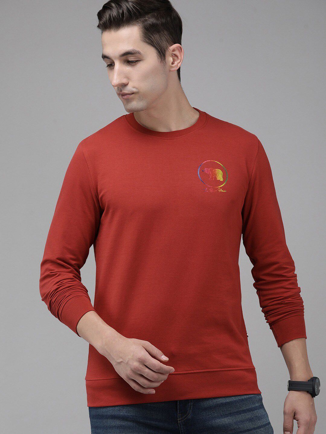 THE BEAR HOUSE Men Solid Slim Fit Pure Cotton T-shirts