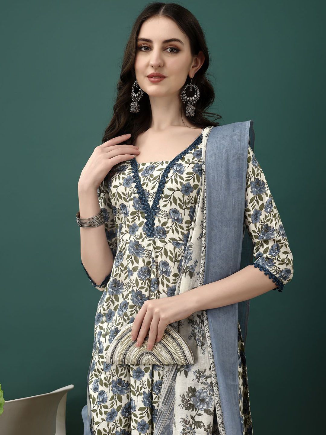 KALINI Floral Printed Pure Cotton Anarkali Kurta With Trousers & Dupatta
