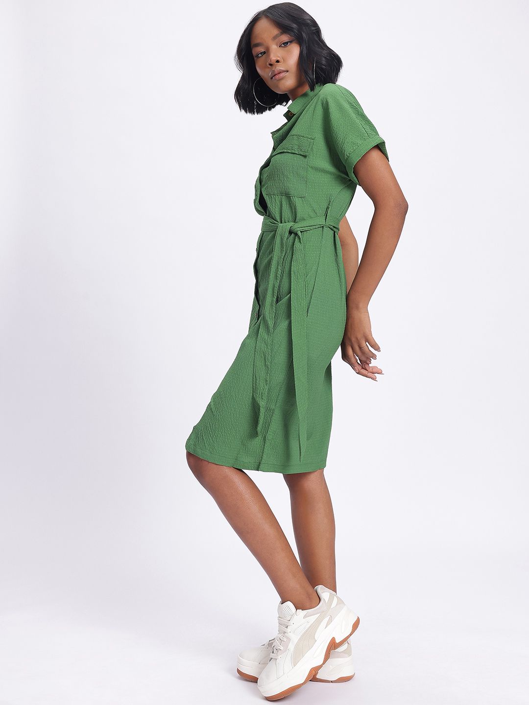 DressBerry Pastel Dreams Textured Belted Shirt Style Dress