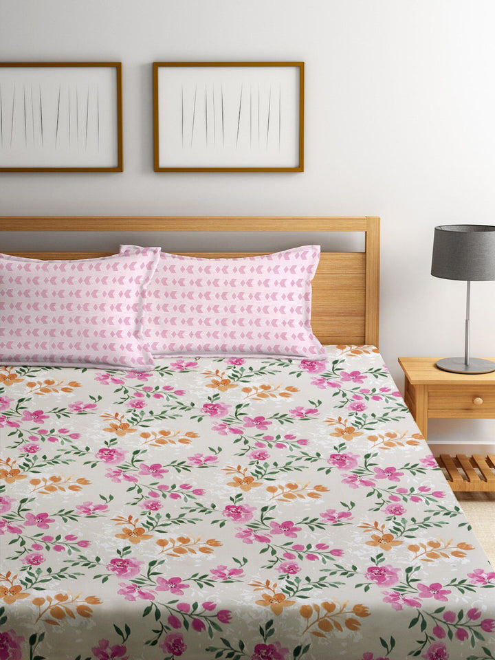 KLOTTHE Blue & Orange Printed 300TC Fitted Double King Bedsheet With 2 Pillow Covers