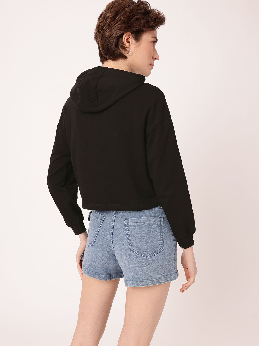 DressBerry Printed Hooded Cotton Terry Relaxed Fit Crop Sweatshirt