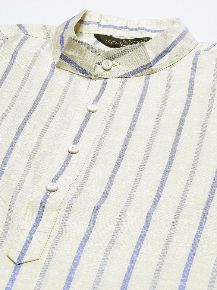 SOJANYA Men Cream-Coloured & Blue Pure Cotton Striped Kurta