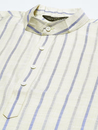 SOJANYA Men Cream-Coloured & Blue Pure Cotton Striped Kurta