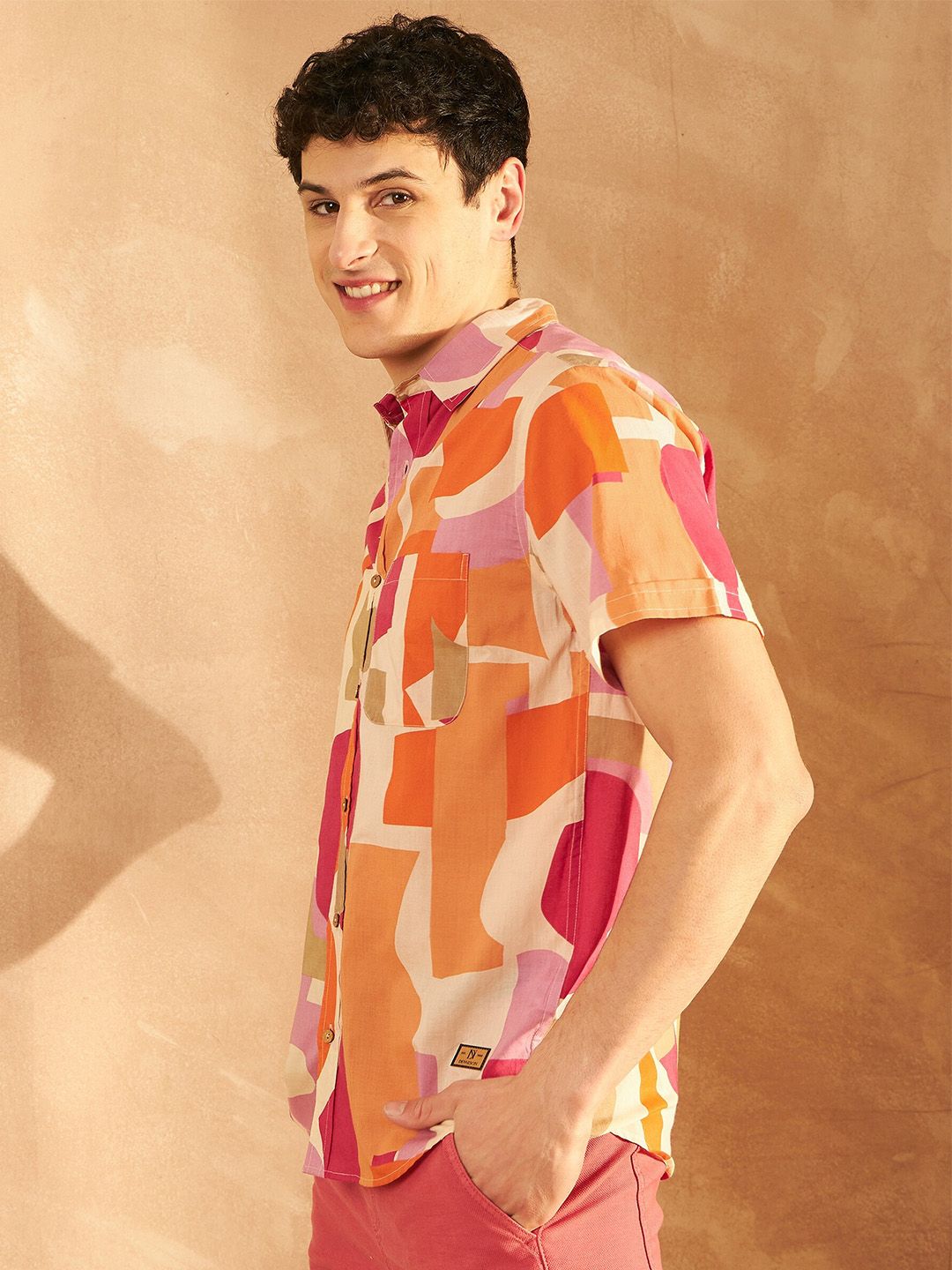 DENNISON Smart Oversized Geometric Printed Spread Collar Cotton Lightweight Shirt