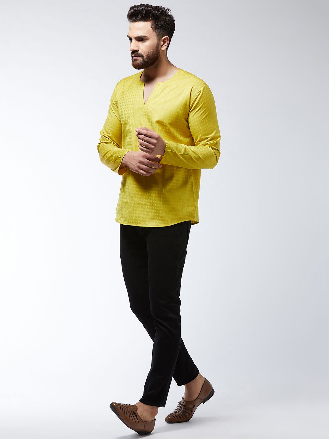 SOJANYA Men Green & Yellow Checked Straight Short Kurta