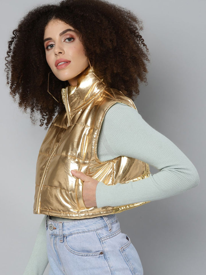 SASSAFRAS Women Gold-Toned Crop Padded Jacket