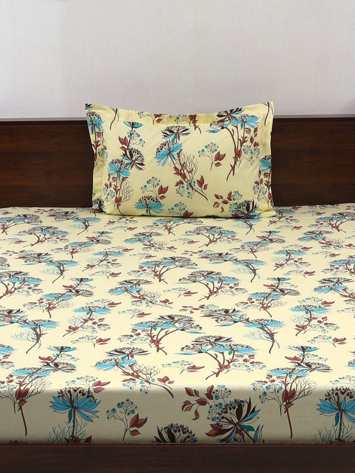 BOMBAY DYEING Brown & White Floral Cotton 140 TC Single Bedsheet Set-1.50 m X 2.28 m