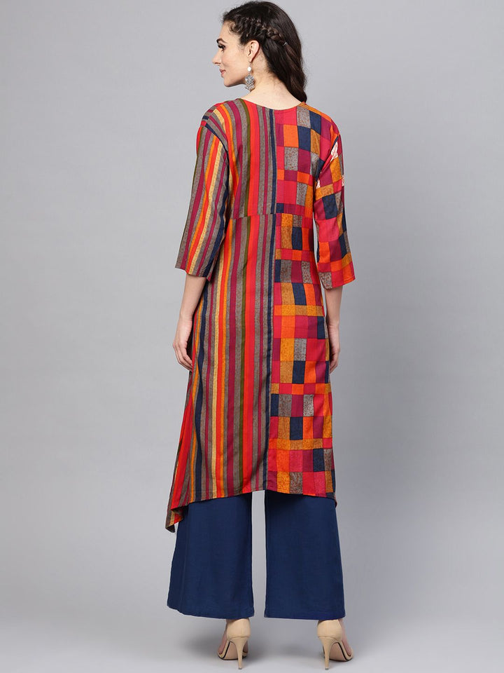 SOJANYA Women Grey & Red Checked Asymmetric A-Line Kurta