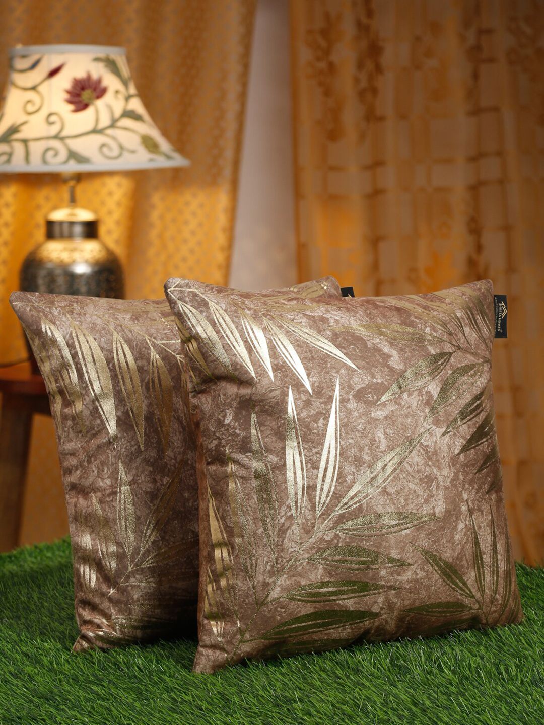 HOSTA HOMES Brown & Gold-Toned 2 Pieces Floral Velvet Square Cushion Covers