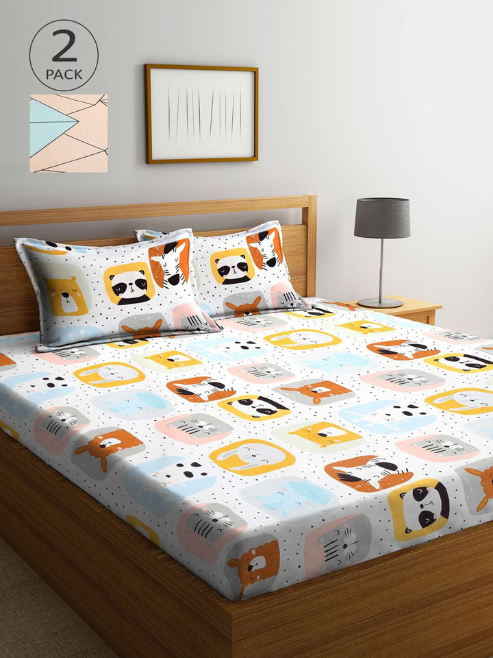 KLOTTHE White Conversational Cotton 300 TC King Fine 2 Bedsheet with 4 Pillow Covers-98 x 87 inches