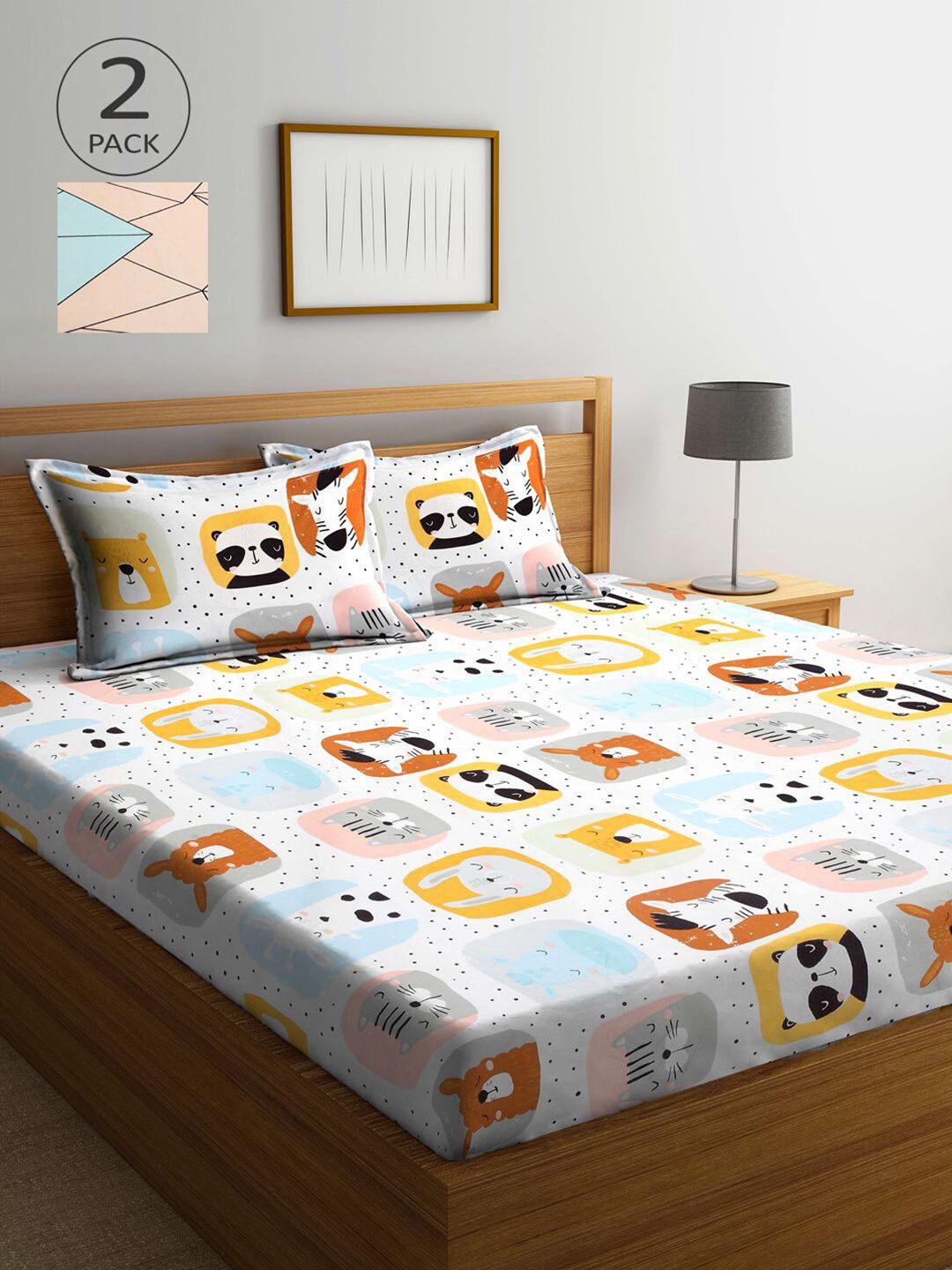 KLOTTHE White Conversational Cotton 300 TC King Fine 2 Bedsheet with 4 Pillow Covers-98 x 87 inches