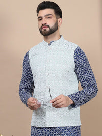 Anouk Navy Blue Floral Embroidered Pure Cotton Straight Kurta With Churidar & Nehru Jacket