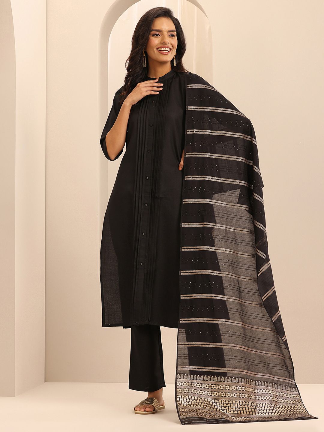 Libas Black Mandarin Collar Straight Kurta with Trousers & With Dupatta