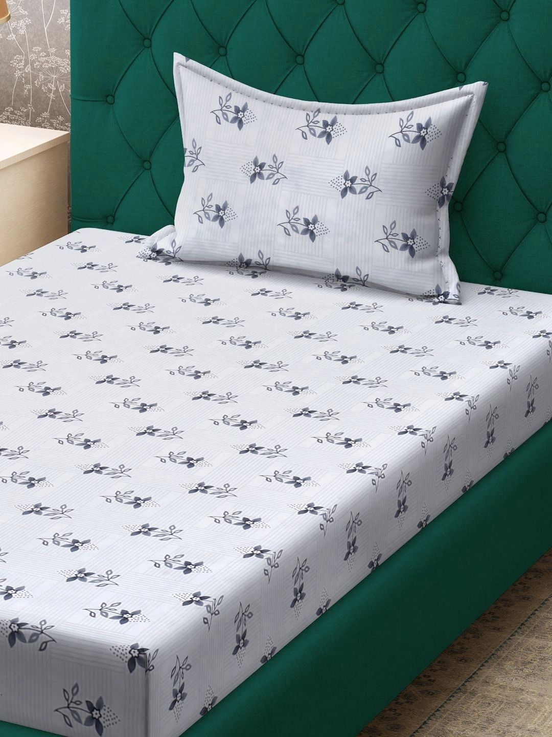 Moda Rapido X KLOTTHE White & Blue Floral 300 TC Single Bedsheet with 1 Pillow Covers