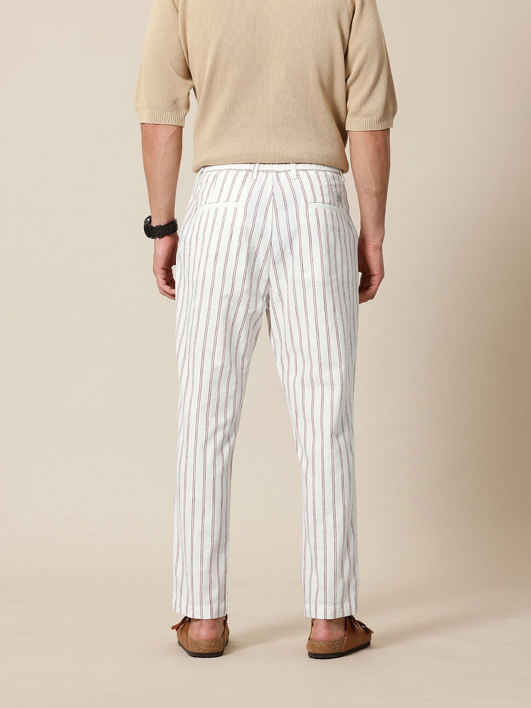 Mr Bowerbird Men Liberal Fit Striped Cotton Linen Pleated Trousers