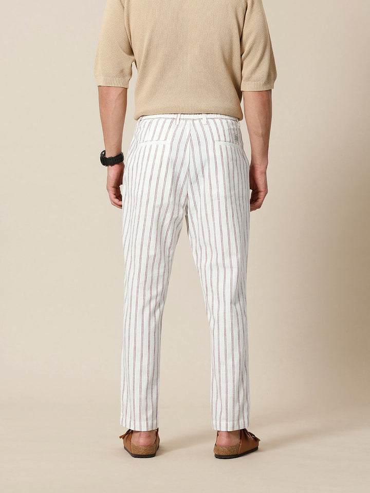 Mr Bowerbird Men Liberal Fit Striped Cotton Linen Pleated Trousers