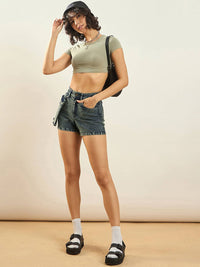 SASSAFRAS Women Green Washed Slim Fit Denim Shorts