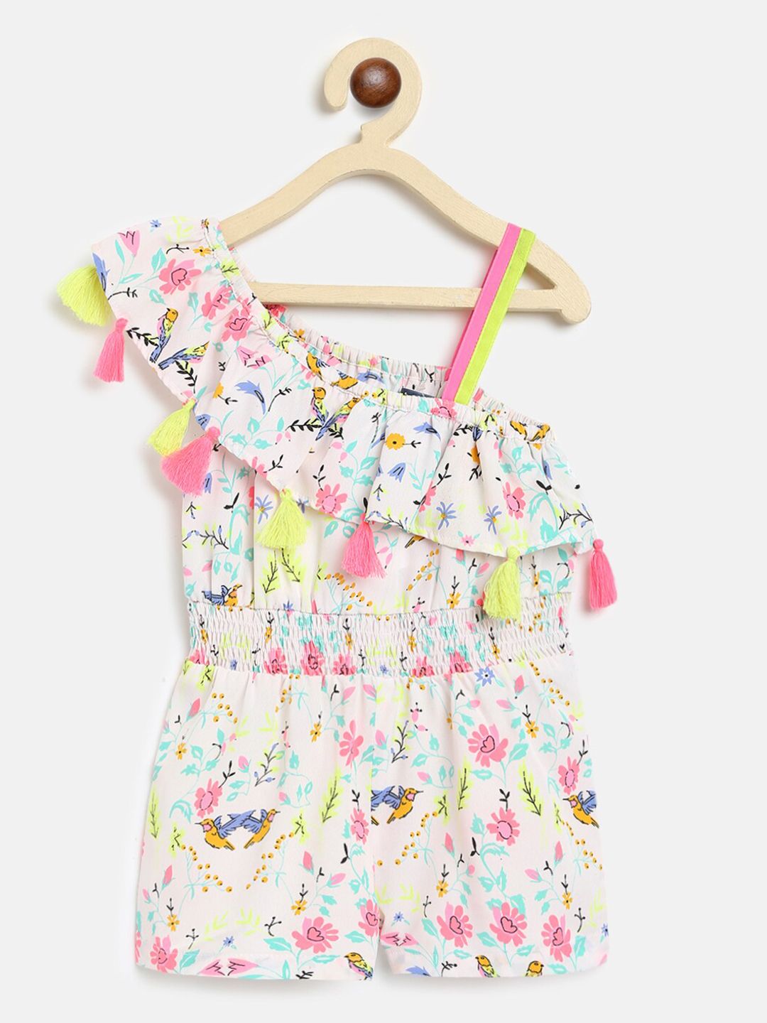 Nauti Nati Girls White & Pink Printed One Shoulder Jumpsuit With Tassels