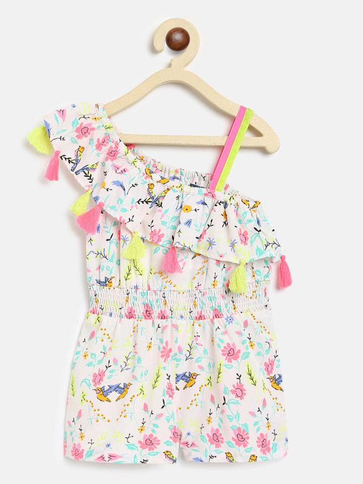 Nauti Nati Girls White & Pink Printed One Shoulder Jumpsuit With Tassels