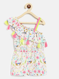 Nauti Nati Girls White & Pink Printed One Shoulder Jumpsuit With Tassels