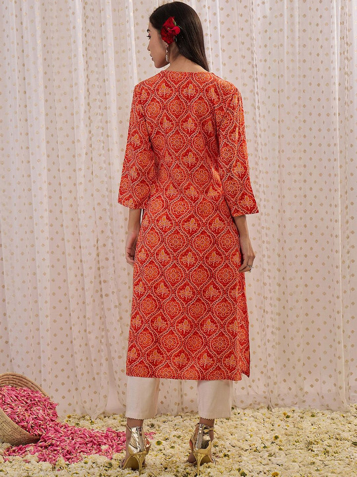 Indo Era Orange Ethnic Motifs Printed Round Neck Straight Kurta