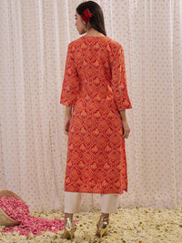 Indo Era Orange Ethnic Motifs Printed Round Neck Straight Kurta