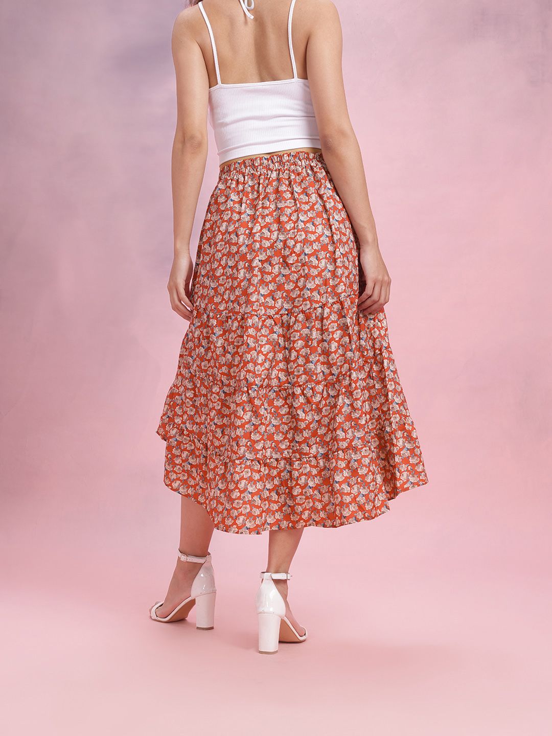DressBerry Floral Print Tiered Flared Midi Skirt