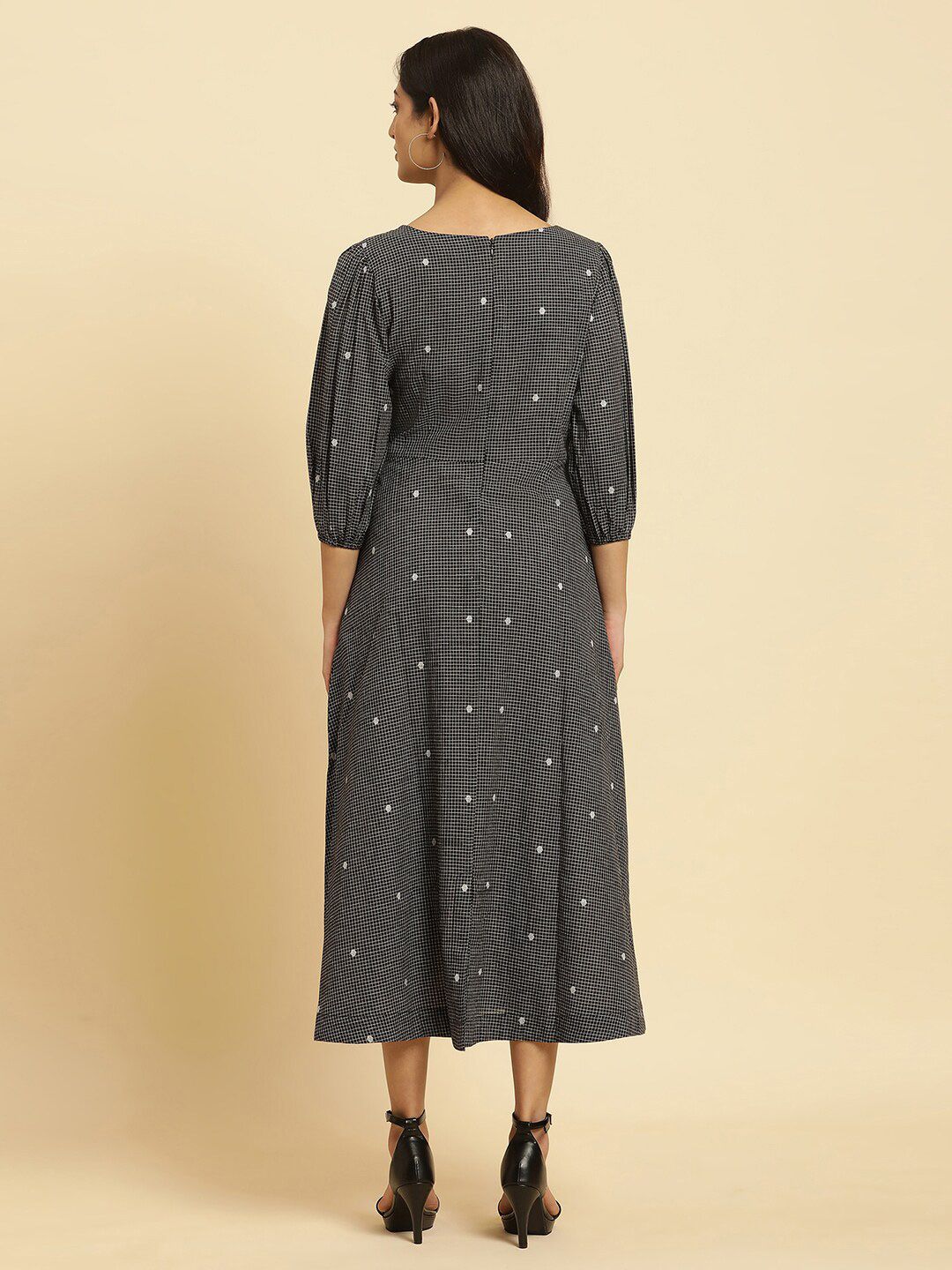 W Checked Puff Sleeves A-Line Pure Cotton Midi Dress