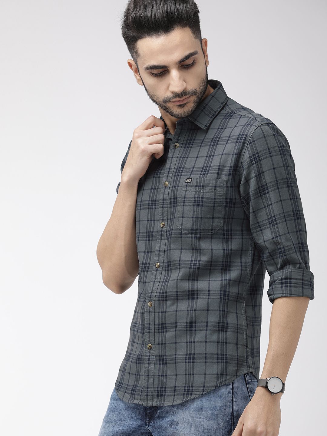 The Indian Garage Co Men Grey & Navy Blue Slim Fit Checked Casual Shirt