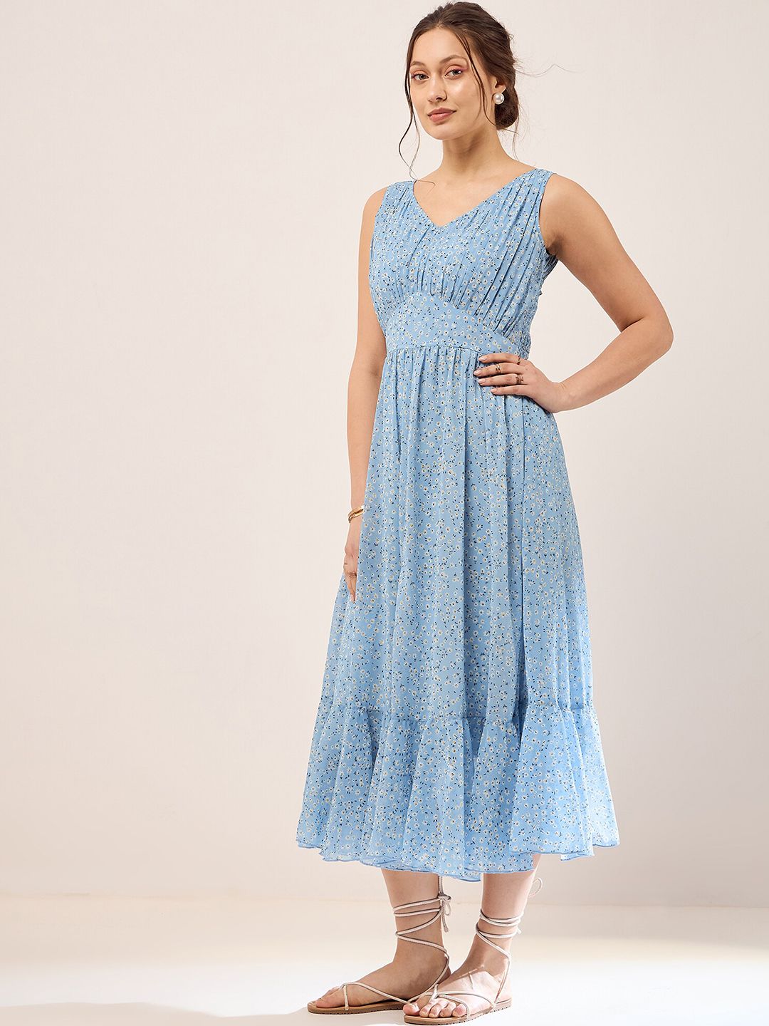 Antheaa Floral Printed Chiffon Fit & Flare Midi Dress