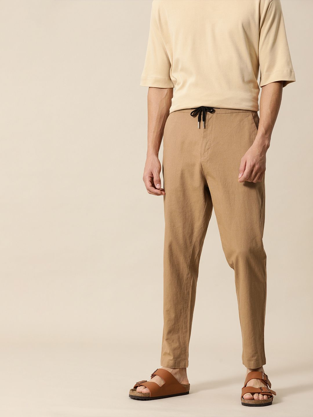 Mr Bowerbird Men Brown Solid Mid Rise Cotton Linen Regular Trousers
