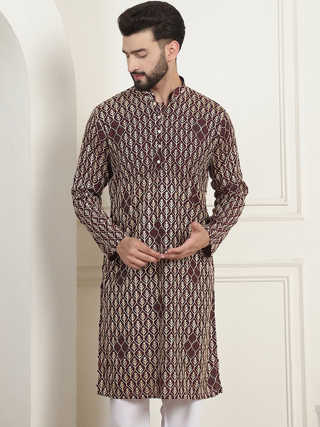 SOJANYA Lelaki Motif Etnik Lengan Berkobar Kurta Kerja Benang