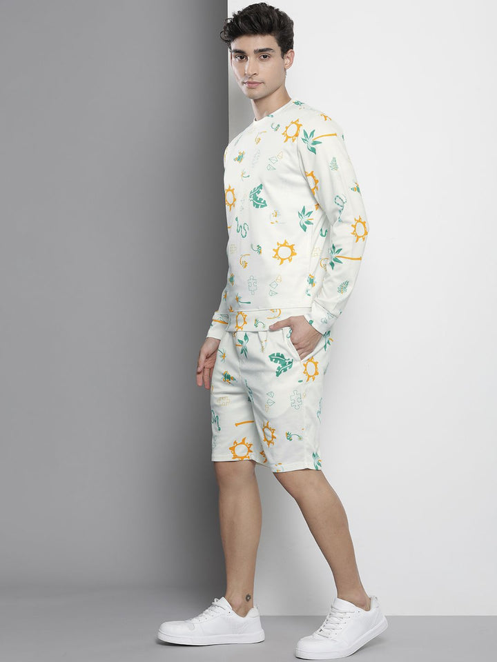 The Indian Garage Co Men Off-White Printed Sweatshirt & Shorts Set