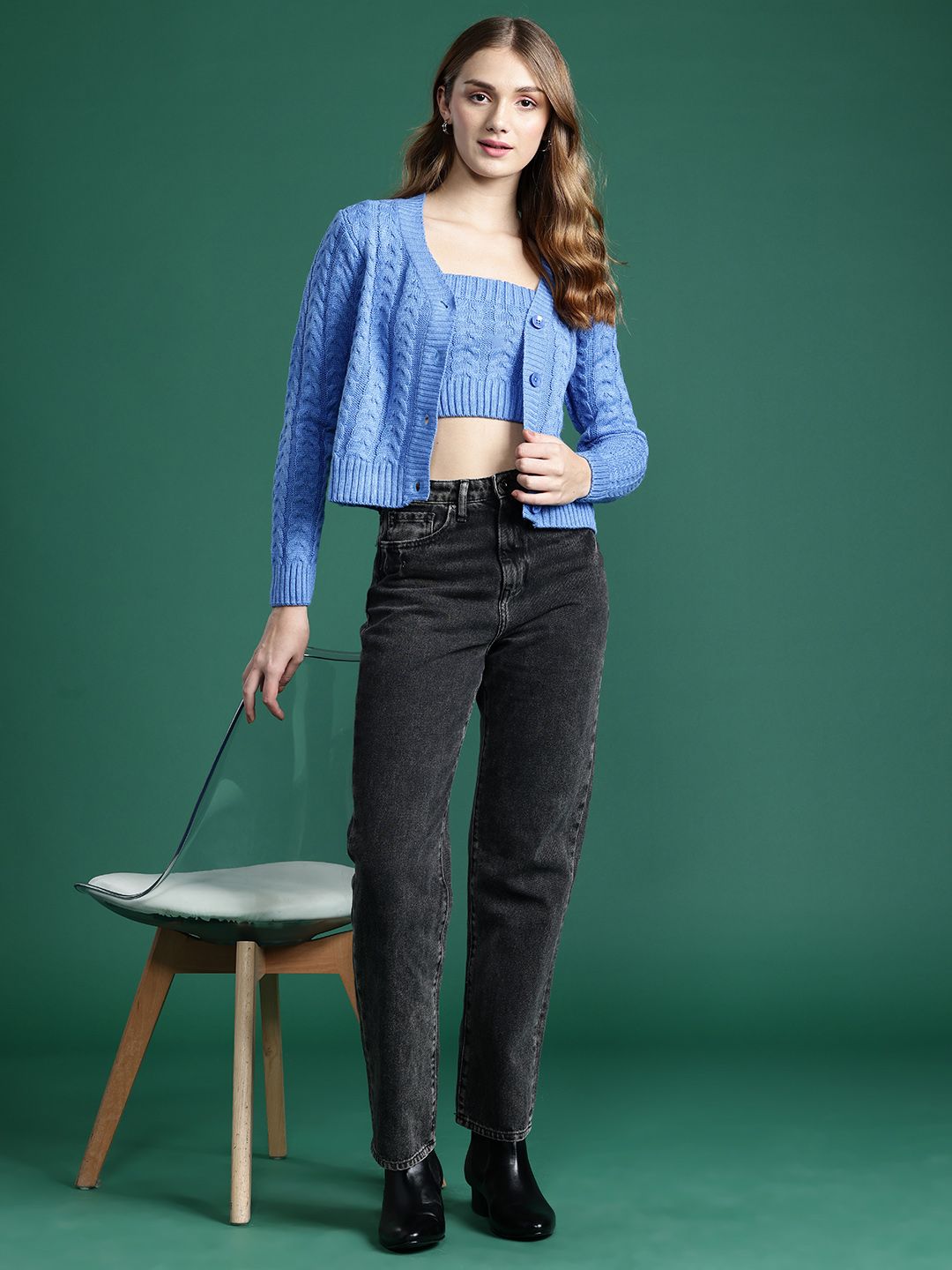 DressBerry Cable Knit Cardigan with Knitted Inner Crop Top