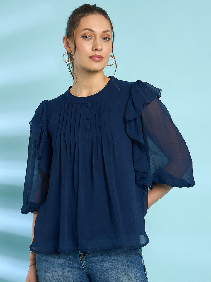 Antheaa Navy Round Neck Flared Sleeve Chiffon A-Line Top