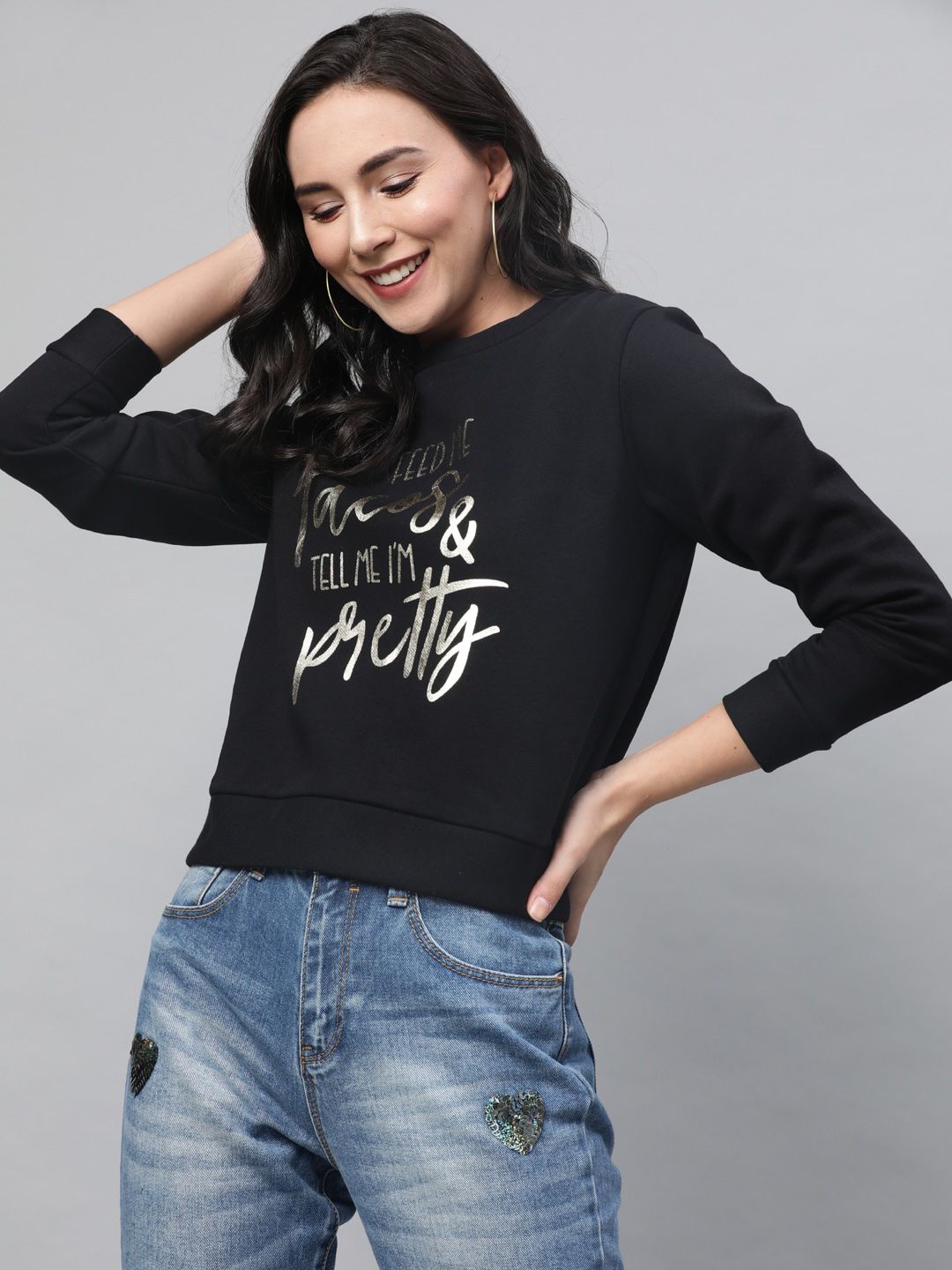 STREET 9 Women Black & Gold-Toned Printed Sweatshirt