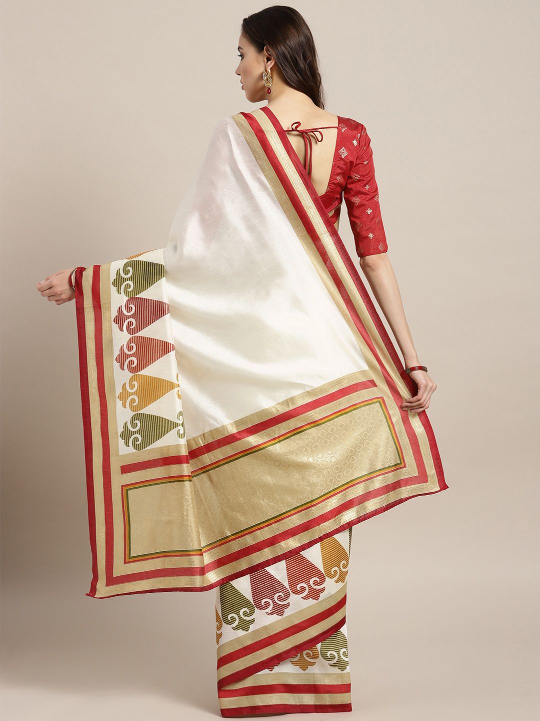 Saree mall Off-White & Maroon Solid Kasavu Saree