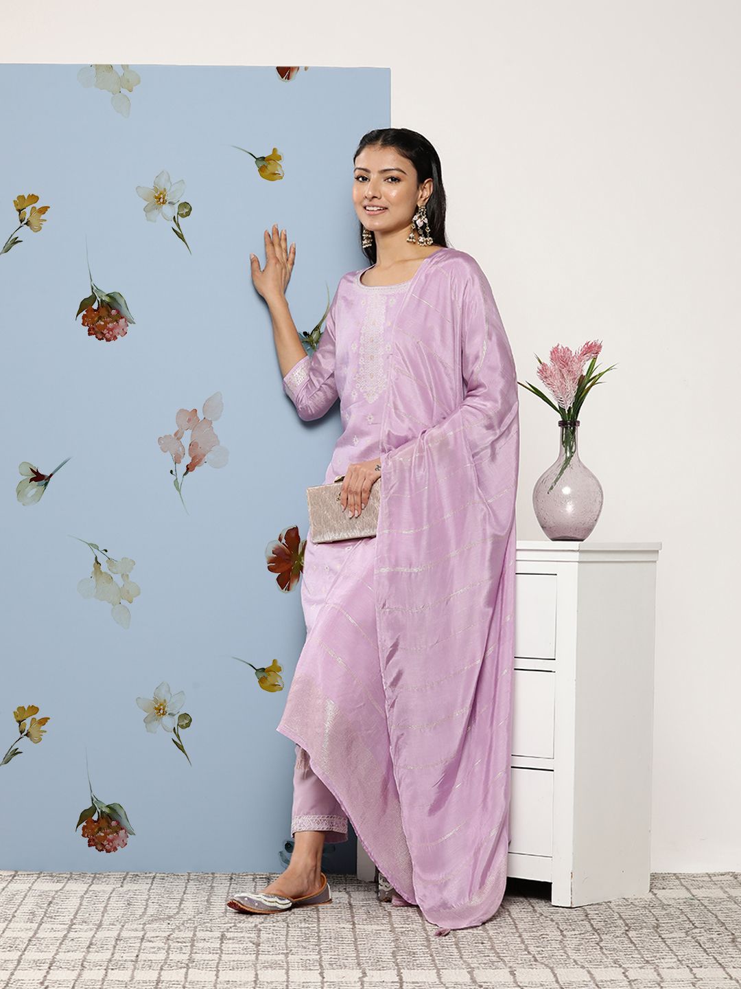 Libas Women Lavender Kurta with Trousers & With Dupatta