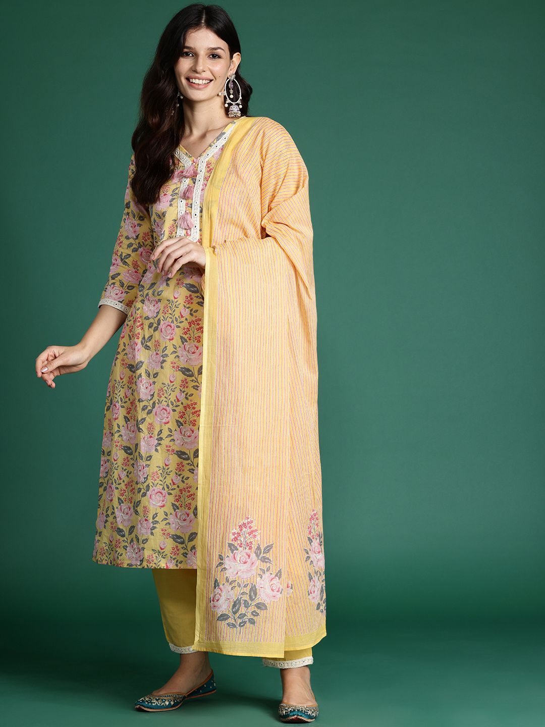 Indo Era Floral Printed Thread Work Pure Cotton Kurta with Trousers & Dupatta