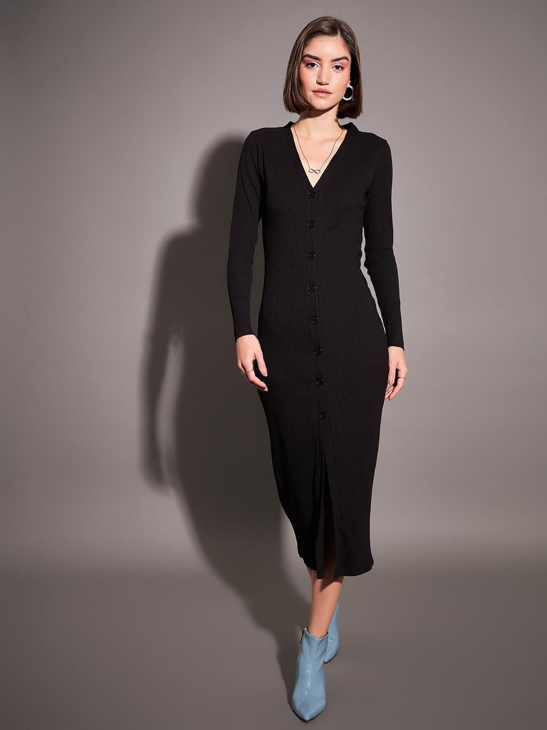 SASSAFRAS Black Ribbed Sheath Midi Dress