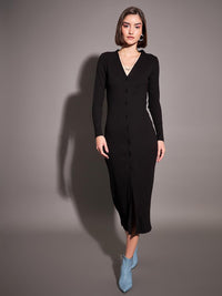 SASSAFRAS Black Ribbed Sheath Midi Dress