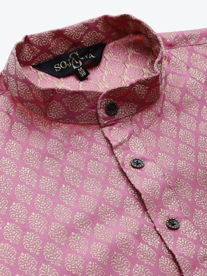 SOJANYA Men Pink Woven Design Kurta with Churidar & Nehru Jacket