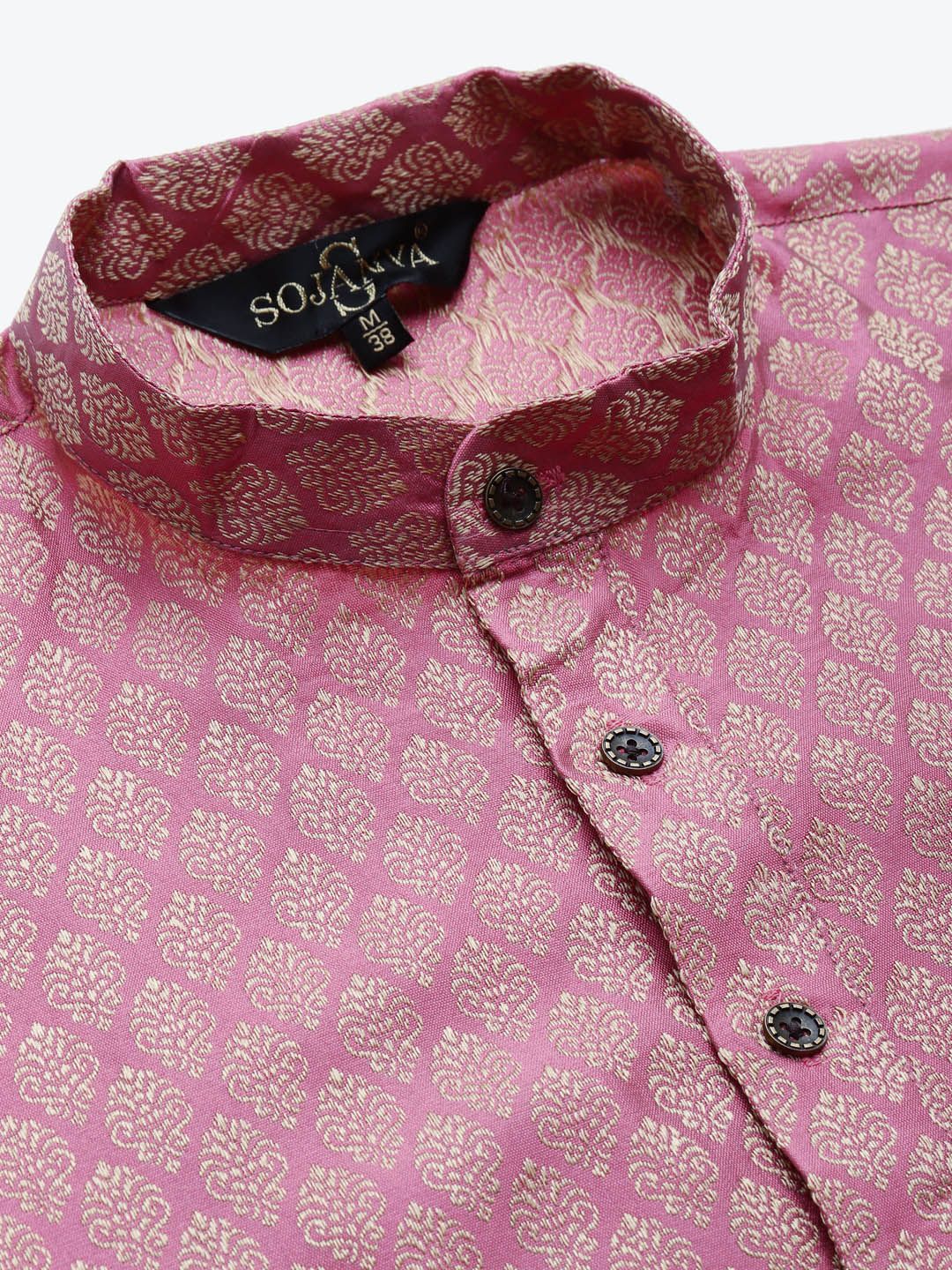 SOJANYA Men Pink Woven Design Kurta with Churidar & Nehru Jacket