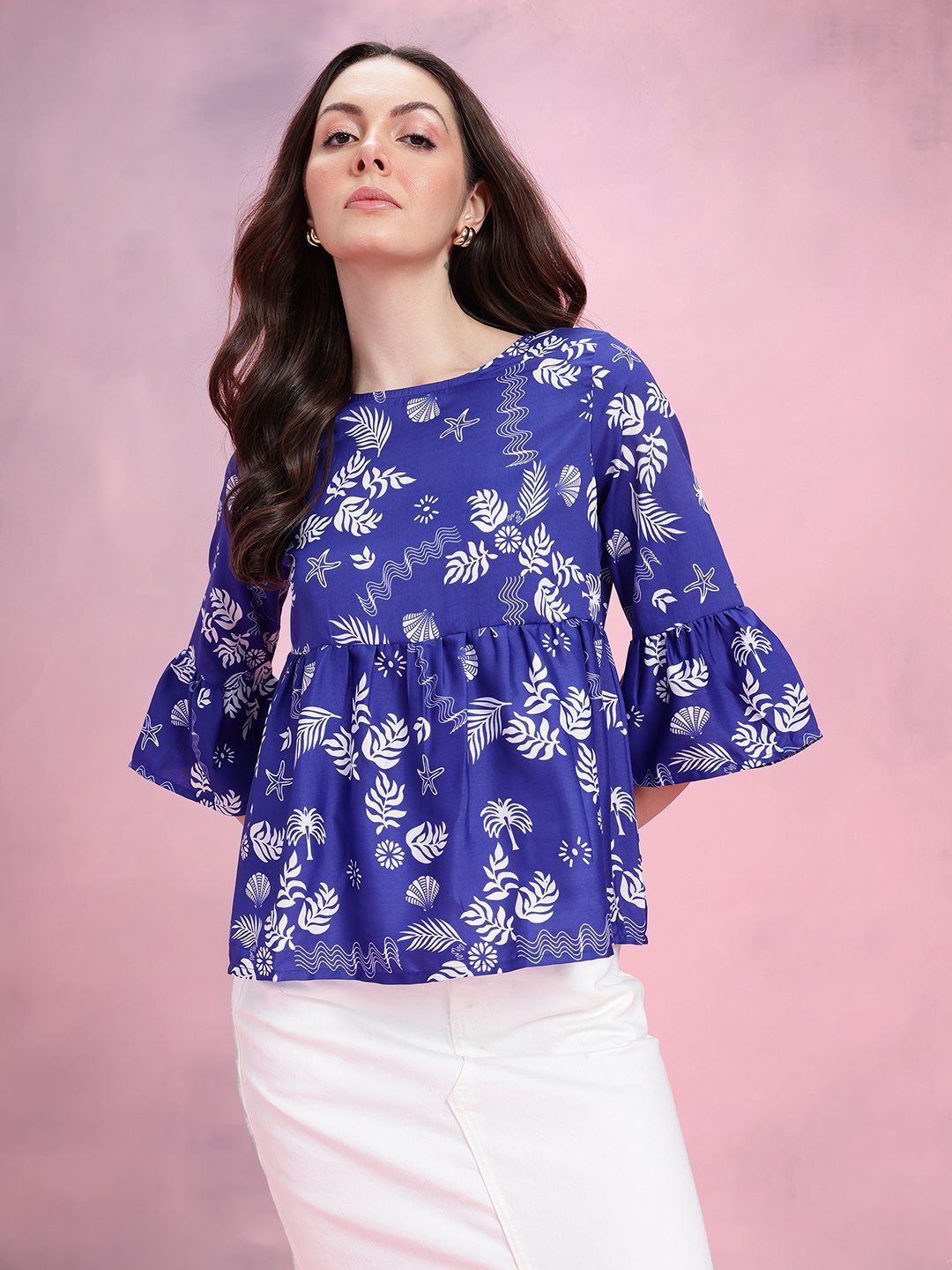 DressBerry Tropical Print Gathered Detail Bell Sleeves Peplum Top