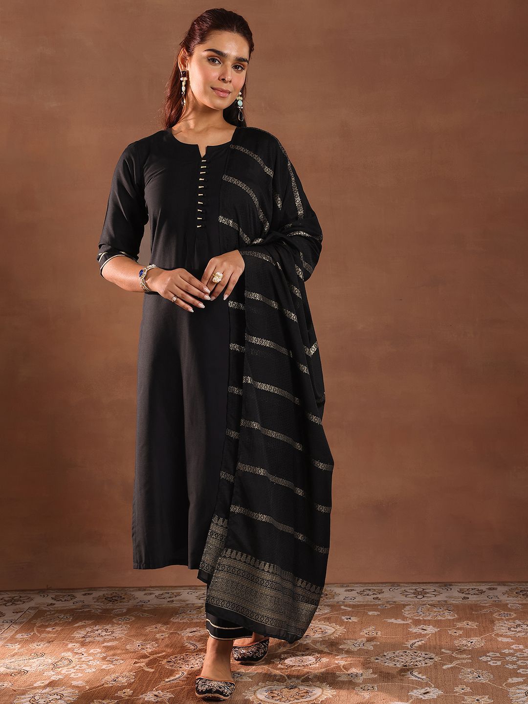 Gerua By Libas Round Neck Gotta Patti Straight Kurta With Trousers & Dupatta