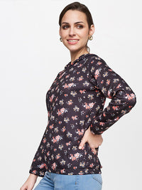 AND Women Black & Peach Floral Print T-Shirt