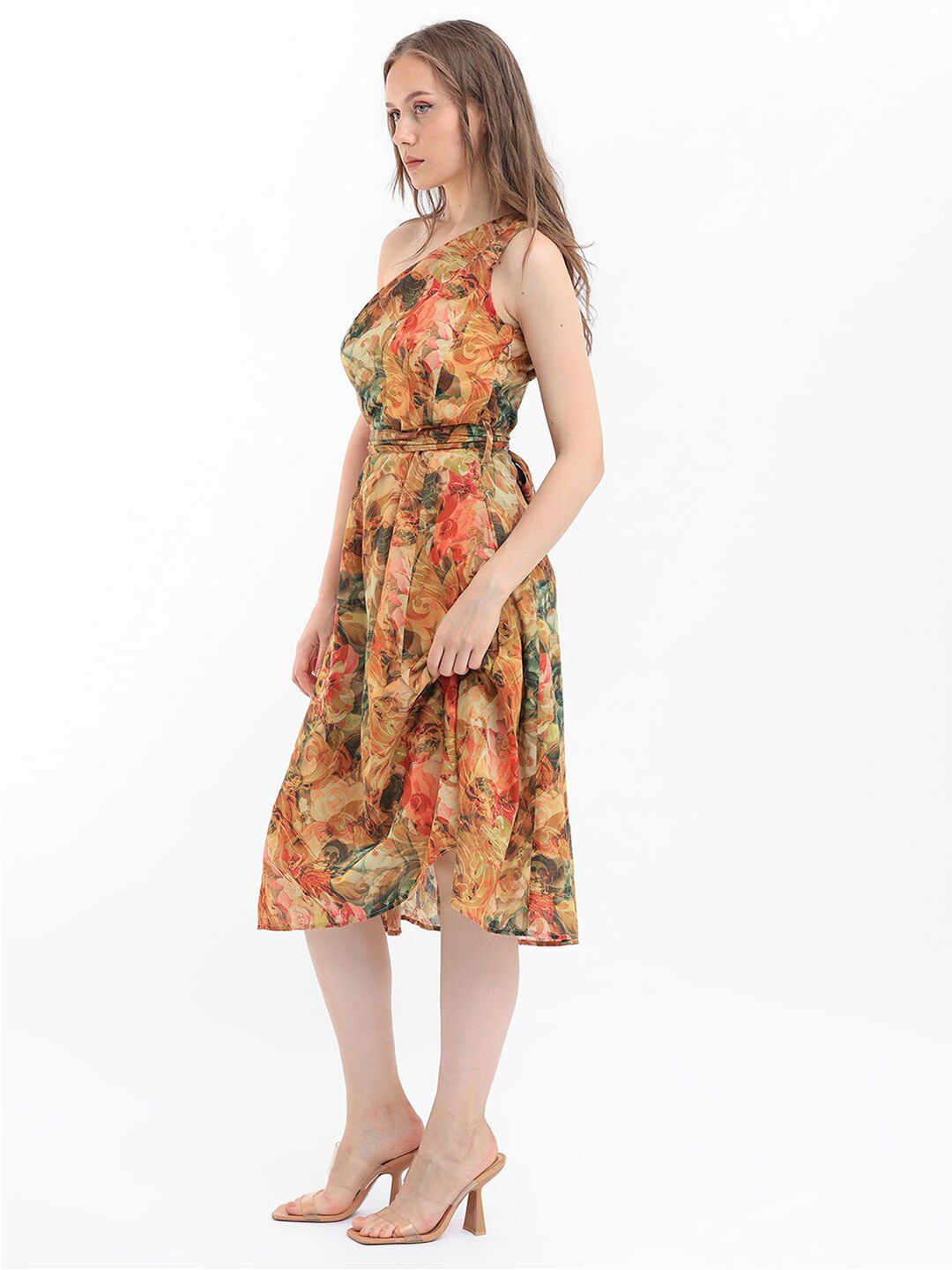 RAREISM Floral One Shoulder Print Fit & Flare Midi Dress