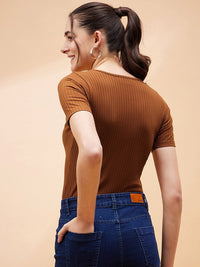 SASSAFRAS BASICS Brown Ribbed Round Neck Bodysuit